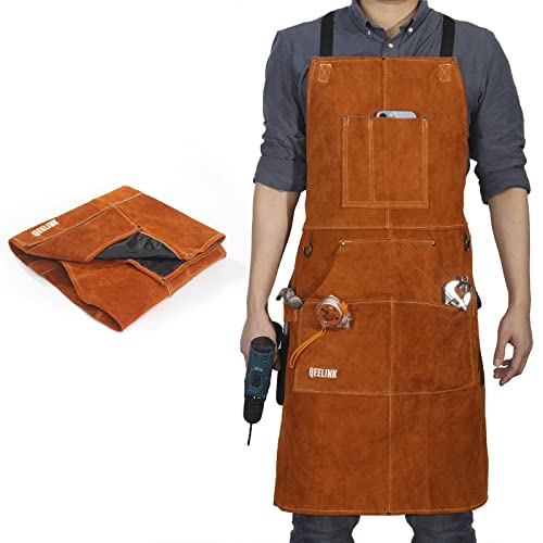QeeLink Leather Welding Work Shop Apron with 6 Tool Pockets, Heat & Flame Resistant Cowhide Heavy Duty Blacksmith Apron, 24″ x 36″, Adjustable M to XXXL for Men & Women (Brown)
