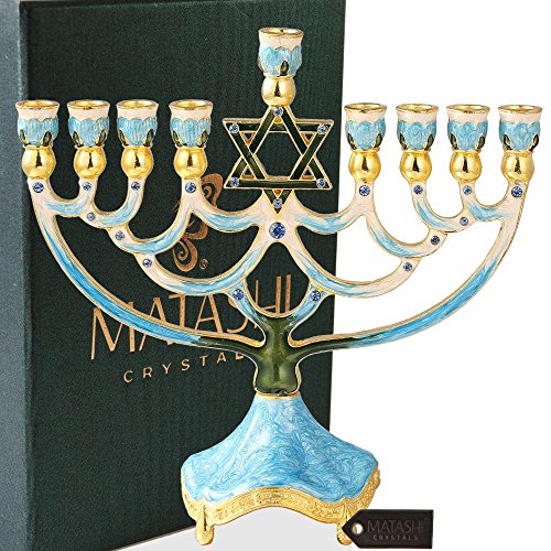 Matashi MTMNR3266 Hand Painted Enamel Menorah Candelabra Embellished with Gold Accents and Crystals (Blue Star of David)