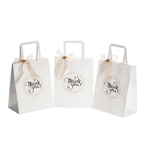 OSpecks 50 Pcs Count Wedding Gift Bags, Medium Size Bags 8 x 4.75 x 10 inch Thank You Paper Bags, Premium White Kraft Paper Bags with Handle for Weddings, Receptions, Business, Parties, Craft Fairs and Events