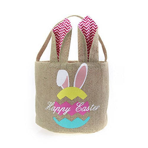 Easter Bunny Basket Egg Bags for Kids,Linen Personalized Candy Egg Basket Rabbit Print Buckets， Easter Eggs Hunt Easter Party Favors Decorations Candy Gifts Toys Storage(Egg-Pink)
