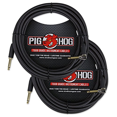 Pig Hog PCH20BKR Black Woven Instrument Cable, 20ft Right Angle – 2 Pack