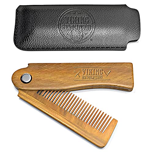 Folding Beard Comb w/Carrying Pouch for Men – All Natural Wooden Beard Comb w/Gift Box – Green Sandalwood Comb for Grooming & Combing Hair, Beards and Mustaches by Viking Revolution