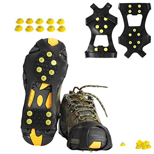 willceal Ice Cleats, Ice Grippers Traction Cleats Shoes and Boots Rubber Snow Shoe Spikes Crampons with 10 Steel Studs Cleats (Yellow,Large)