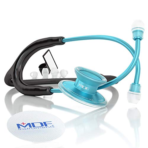 MDF Acoustica Lightweight Stethoscope for Doctors, Nurses, Students, Home Health Use, Adult, Dual Head, Black Tube, Aqua Chestpiece-Headset, MDF747XPAQ11