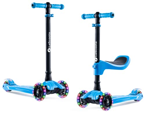 LaScoota 2-in-1 Kids Kick Scooter, Adjustable Height Handlebars and Removable Seat, 3 LED Lighted Wheels and Anti-Slip Deck, for Boys & Girls Aged 2-12 and up to 100 Lbs.