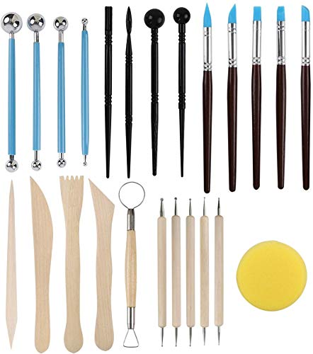 RUBFAC Clay Tools, 24pcs Polymer Clay Tools, Modeling Clay Sculpting Tools Set Pottery Tools with Air Dry Clay Tools Ball Stylus Dotting Tools Rock Painting Kit for Sculpture Pottery