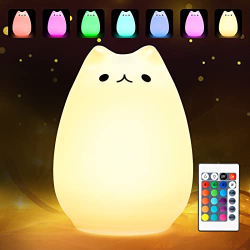 Litake Cute Cat Night Light, Squishy Led Cat Lamp with Remote, Kitty Cat Touch Light, Silicone Baby Nightlight for Kids, Adjustable Brightness/16 Static Colors/4 Lighting Mode
