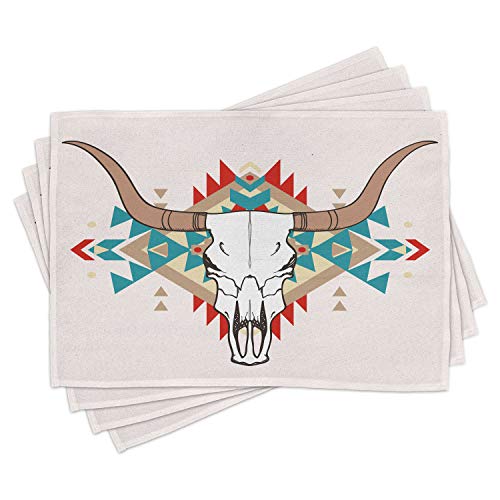 Lunarable Western Place Mats Set of 4, Bull Skull Illustration with Ornament Geometric Style, Washable Fabric Placemats for Dining Room Kitchen Table Decor, Warm Taupe Red Blue