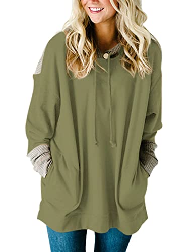 SEBOWEL Hoodies for Women Waffle Knit Splice Strappy Tops Pullover Hooded Sweatshirt Drawstring with Pocket Green XL