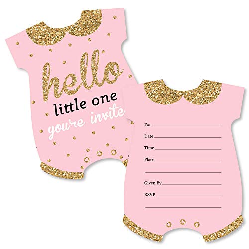 Big Dot of Happiness Hello Little One – Pink and Gold – Shaped Fill-In Invitations – Girl Baby Shower Invitation Cards with Envelopes – Set of 12