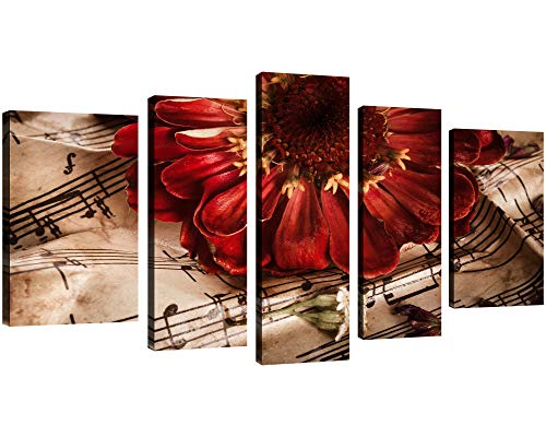 QICAI 5 Panels Vintage Music Notes with Red Flower Painting Flower Wall Decor Flower Paintings Flower Canvas Wall Art for Living Room Bedroom Home Bathroom Decor Stretched and Framed Ready to Hang