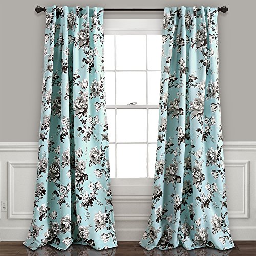 Lush Decor, 84” x 52”, Blue and Gray Tania Curtains | Floral Garden Room Darkening Window Panel Set for Living, Dining, Bedroom (Pair)