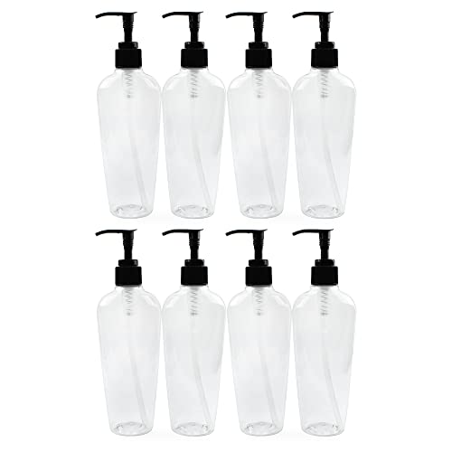 Cornucopia 8-Ounce Clear Oval-Shaped Plastic Lotion Bottles w/Pump Dispensers (8-Pack); Empty Containers for Lotion, Liquid Soap, Baby Care, Hand Care