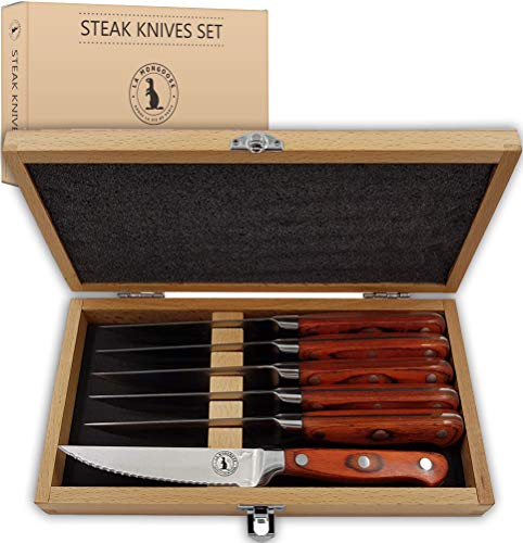 Steak Knife Set in Gift Box 6 Full Tang High Carbon Stainless Steel Micro Serrated Knives Classic Dark Brown Ergonomic Pakkawood Handles Luxury Beech Wood Case Premium Deluxe Birthday Gift Idea