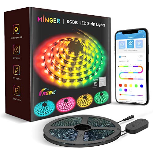 MINGER RGBIC LED Strip Lights 16.4ft, Bluetooth Color Changing LED Lights, Segmented APP Control Multicolor Music Sync DIY Mode for Christmas Party, Bedroom, Kitchen, Bar