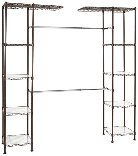 Amazon Basics Expandable Metal Hanging Storage Organizer Rack Wardrobe with Shelves, 57″-80″ W x14″ D x 72″ H, Bronze