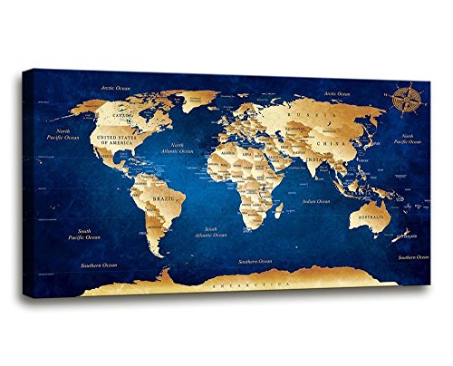 Wall Art blue map of the world Painting Ready to Hang -20″ x 40″ Pieces Large Framed wall art world Map Canvas Art Map wall decorations Artwork Prints for Background For Home Office Decoration.