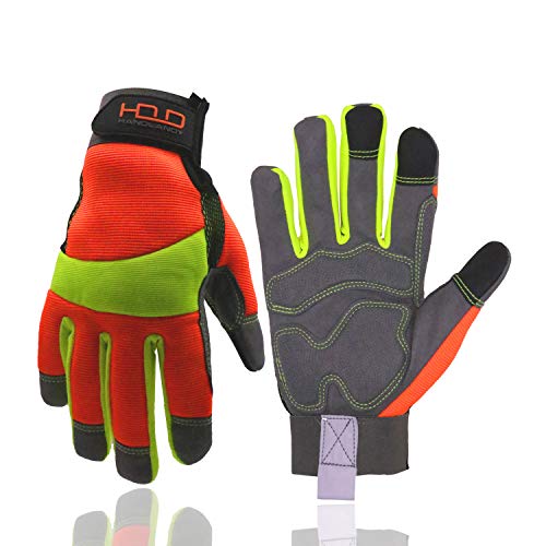 HANDLANDY Hi-vis Reflective Work Gloves, Anti Vibration Safety Gloves, Touch Screen, Orange Flexible Spandex Back Large