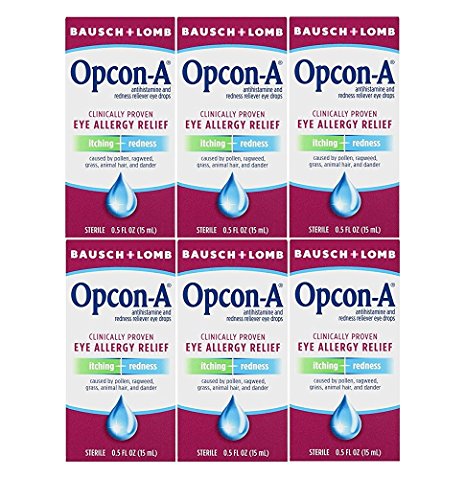 Bausch and Lomb Opcon-A Eye Allergy Relief Drops, Travel Size 0.5 FL OZ (15 ml) – Pack of 6