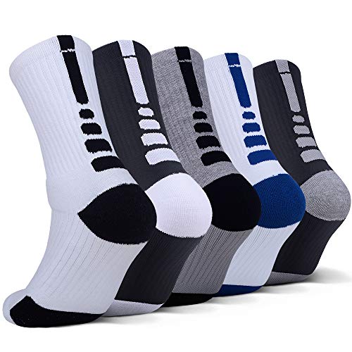 JHM Thick Protective Sport Cushion Elite Basketball Compression Athletic Socks, 5 Pairs #5, Shoe Sizes 6-13