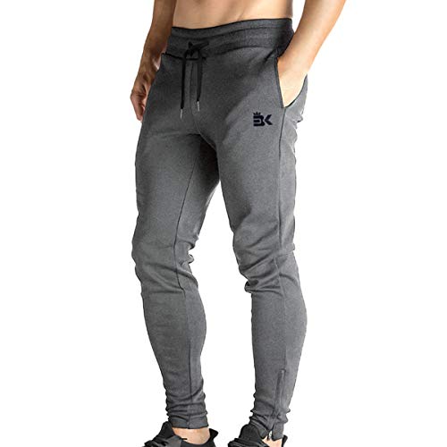 BROKIG Mens Jogger Sport Pants, Casual Zipper Gym Workout Sweatpants Pockets (L, Dark Grey)