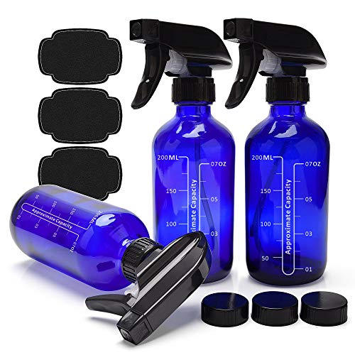 ULG Blue Glass Spray Bottles 8oz 3 Piece Boston Round Cobalt Blue Scale Empty Bottles Heavy Duty Black Trigger Sprayer Mist, Stream Settings Refillable Container for Plants, Pets and Cleaning Products