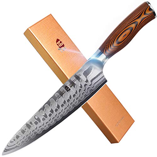TUO Damascus Chef’s Knife – Kitchen Knives – Japanese AUS10 HC 67 Layers Steel with Dragon Pattern – Ergonomic Pakkawood Handle – 8″ – Fiery Phoenix Series Including Gift Box