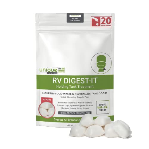 Unique RV Digest-It Black Water Tank Treatment – Concentrated Drop In Pods RV Toilet Treatment – Eliminates Odor, Liquifies Waste, Prevents Sensor Misreading, CA Approved (20 Pods)