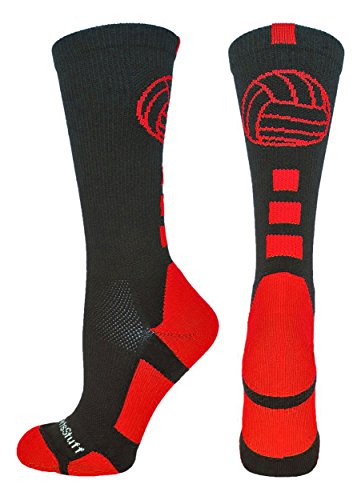 MadSportsStuff Volleyball Logo Crew Socks (Black/Scarlet, Medium)