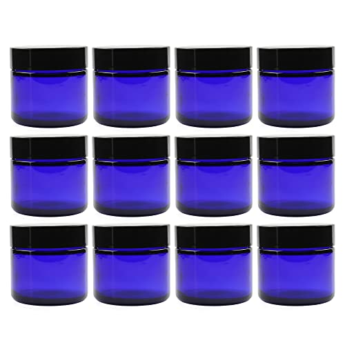 Cornucopia 2oz Cobalt Blue Glass Cosmetic Jars (12-Pack); Straight Sided Jars w/Black Plastic Lined Lids for Balms, Cosmetics, Creams & More