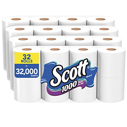 Scott 1000 Toilet Paper, 32 Regular Rolls, Septic-Safe, 1-Ply Toilet Tissue, 8 Count (Pack of 4)