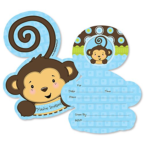 Blue Monkey Boy – Shaped Fill-In Invitations – Baby Shower or Birthday Party Invitation Cards with Envelopes – Set of 12