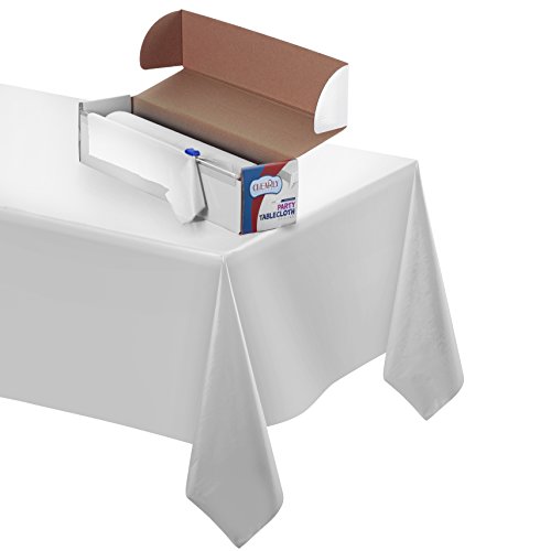 White Plastic Tablecloth Roll Protects Table from Spills, Disposable Table Coveri with Easy To Use Safe Cutter for Party, Picnic, Fits 8 – 10 Tables