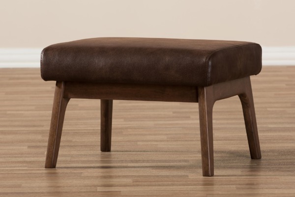 Baxton Studio Birk Mid-Century Modern Walnut Wood Dark Brown Distressed Faux Leather Ottoman
