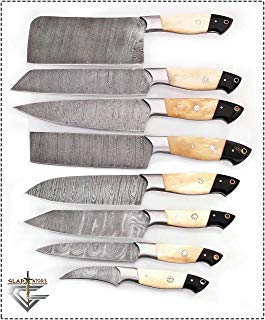 G16B8- Professional Kitchen Knives Custom Made Damascus Steel pcs of Professional Utility Chef Kitchen Knife Set with Chopper/Cleaver Black Horn (at end) GladiatorsGuild (8, White Bone)