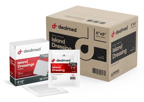 Dealmed Sterile Bordered Gauze Island Dressings – 25 Count, 6″ x 6″ Gauze Pads, Disposable, Latex-Free, Adhesive Borders with Non-Stick Pads, Wound Dressing for First Aid Kit and Medical Facilities