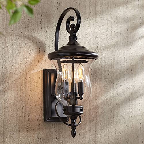 Franklin Iron Works Carriage Traditional Outdoor Wall Light Fixture LED Bronze Brown 22″ Clear Seedy Glass Shade Decor Exterior House Porch Patio Outside Deck Garage Yard Front Door Garden Home