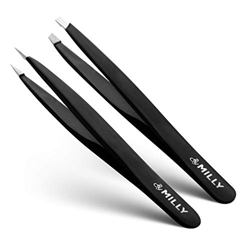By MILLY Precision Tweezers Set, Slanted and Pointed Tips – Hammer Forged 100% German Steel – Perfectly Aligned, Hand-Filed Tips – Black