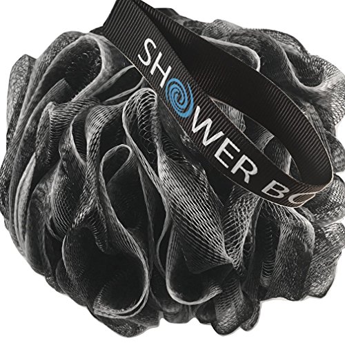 Loofah-Charcoal Bath-Sponge XL-75g-Set by Shower Bouquet: 4-Pack, Extra Large Mesh Pouf Soft Scrubber for Men and Women – Exfoliate with Big Black & White Gentle Cleanse in Beauty Bathing Accessories