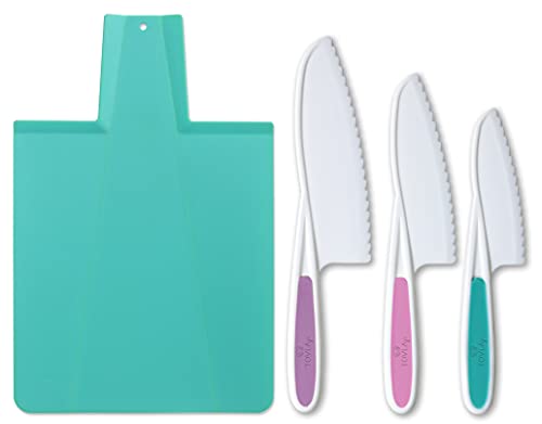 TOVLA JR. Kids Kitchen Knife and Foldable Cutting Board Set: Children’s Cooking Knives in 3 Sizes & Colors/Firm Grip, Serrated Edges, BPA-Free Kids’ Knives/Safe Lettuce and Salad Knives… (Blue)