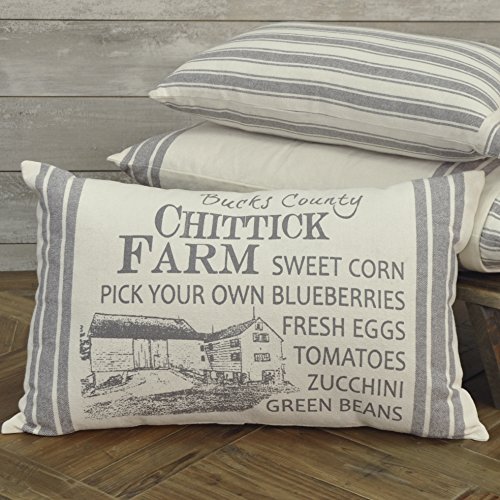 Piper Classics Market Place Gray Chittick Farm Filled Pillow, 14″ x 22″, Cream w/Grey Grain Sack Stripe & Graphic