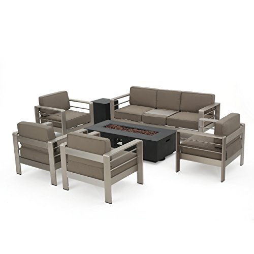 Christopher Knight Home Cape Coral Outdoor Set of Club Chairs with 3 Seater Loveseat and Firepit, 4-Pcs Set, Khaki / Dark Grey
