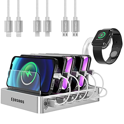Fastest Charging Station with QC Quick Charge 3.0, COSOOS 63W 12A 6-Port USB Charging Station for Multiple Devices with 6 Mixed Short Cables & lWatch Stand,Multi Charger Station for Cell Phone,Tablet