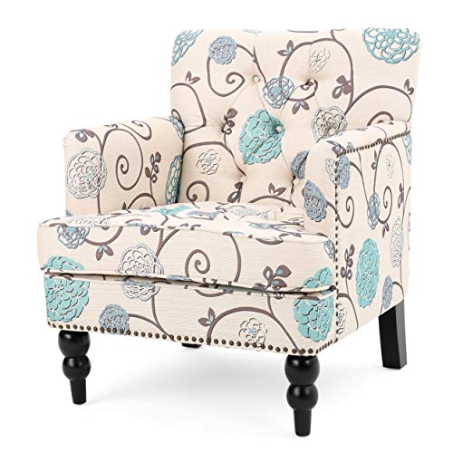 Christopher Knight Home Harrison Fabric Tufted Club Chair, White / Blue (29.5″D x 28″W x 33.5″H)