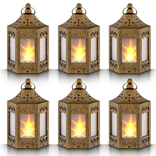 Mini Star Lantern with Flickering LED,Battery Included,Decorative Hanging Lantern,Christmas Decorative Lantern,Indoor Candle Lantern,Battery Lantern Indoor Use,Zkee(Set of 6 Copper Brushed)