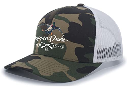 Droppin Drake Mallard Duck and Gun X Logo Mesh Back Trucker Hat-Camo White