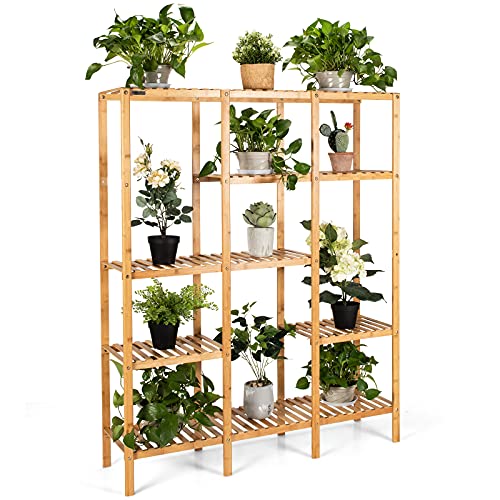 COSTWAY Plant Stand indoor, Bamboo Utility Shelf with Storage Organizer Pots, Wood Outdoor Tiered Plant Shelf for Multiple Plants, for Window, Garden, Balcony, Living Room