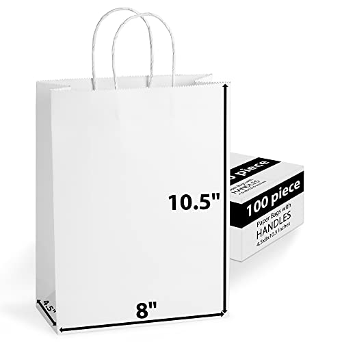 Paper Bags with Handles Bulks 8 X 4.5 X 10.5 [100 Bags]. Ideal for Shopping, Packaging, Retail, Party, Craft, Gifts, Wedding, Recycled, Business, Goody and Merchandise Bag (White)
