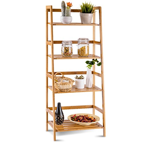 COSTWAY 47.5” Bamboo Ladder Shelf, Multifunctional Plant Flower Display Stand, Storage Rack, Bookcase Bookshelf Natural (4 Tier)
