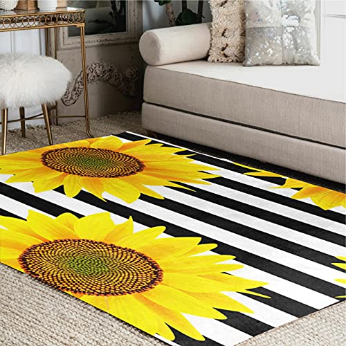 ALAZA Black White Striped Sunflower Area Rug Rugs for Living Room Bedroom 7′ x 5′